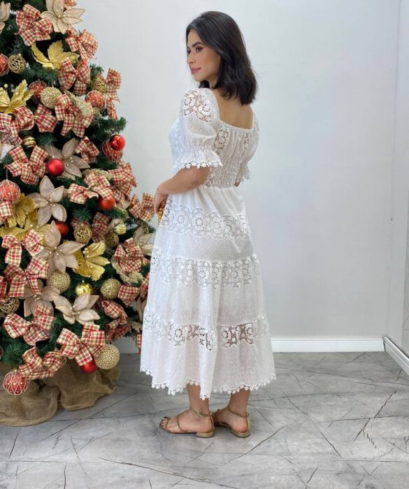 Vestido Fernanda Midi sem Bojo Manga Princesa Bordado Branco - Fernanda Ramos Store