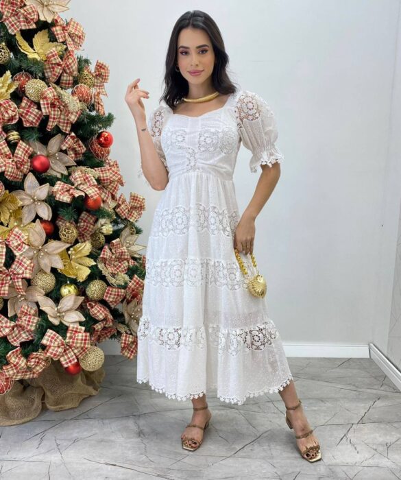 Vestido Fernanda Midi sem Bojo Manga Princesa Bordado Branco - Fernanda Ramos Store