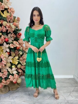 Vestido Fernanda Midi sem Bojo Manga Princesa Bordado Verde - Fernanda Ramos Store