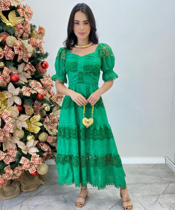 Vestido Fernanda Midi sem Bojo Manga Princesa Bordado Verde - Fernanda Ramos Store