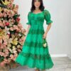 Vestido Fernanda Midi sem Bojo Manga Princesa Bordado Verde - Fernanda Ramos Store