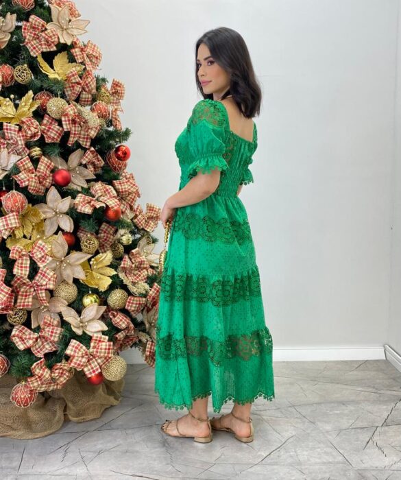 Vestido Fernanda Midi sem Bojo Manga Princesa Bordado Verde - Fernanda Ramos Store