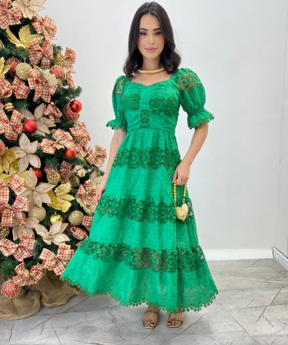 Vestido Fernanda Midi sem Bojo Manga Princesa Bordado Verde - Fernanda Ramos Store