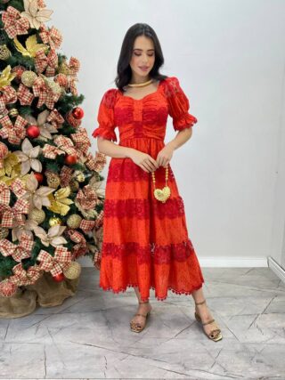 Vestido Fernanda Midi sem Bojo Manga Princesa Bordado Vermelho - Fernanda Ramos Store