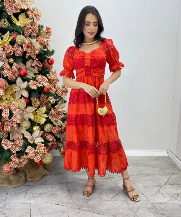 Vestido Fernanda Midi sem Bojo Manga Princesa Bordado Vermelho - Fernanda Ramos Store