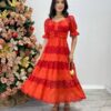 Vestido Fernanda Midi sem Bojo Manga Princesa Bordado Vermelho - Fernanda Ramos Store