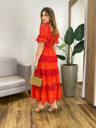 Vestido Midi Fernanda sem Bojo Manga Princesa Bordado Vermelho - Fernanda Ramos Store