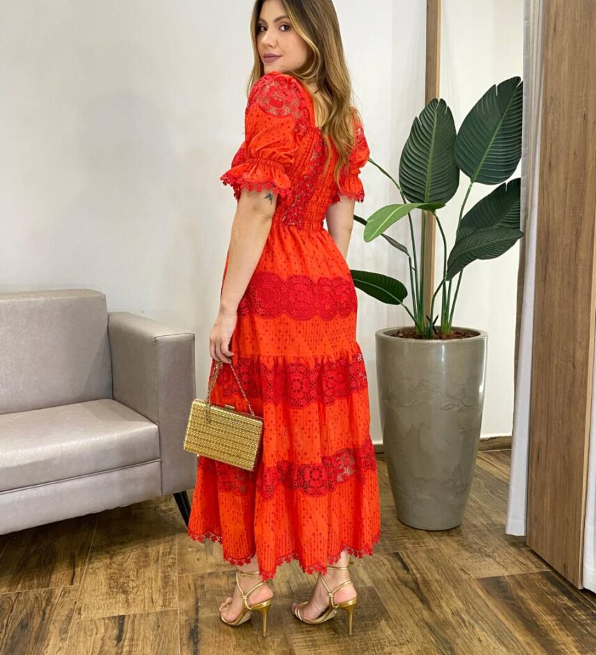 Vestido Midi Fernanda sem Bojo Manga Princesa Bordado Vermelho - Fernanda Ramos Store