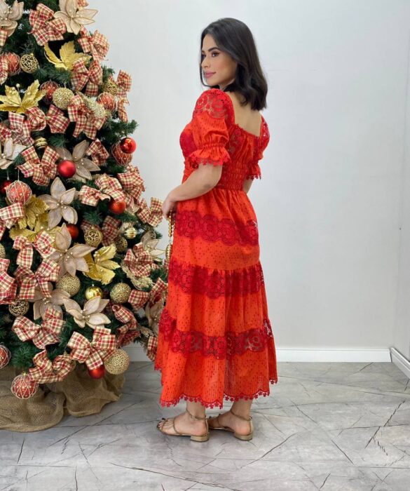 Vestido Fernanda Midi sem Bojo Manga Princesa Bordado Vermelho - Fernanda Ramos Store