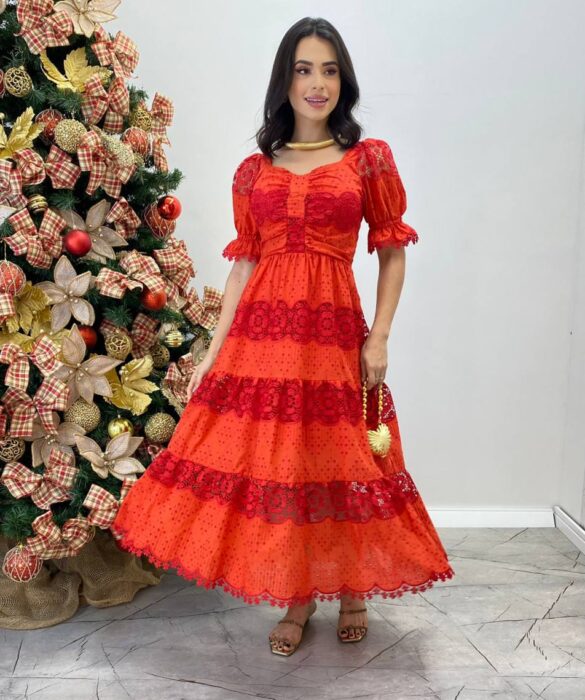 Vestido Fernanda Midi sem Bojo Manga Princesa Bordado Vermelho - Fernanda Ramos Store