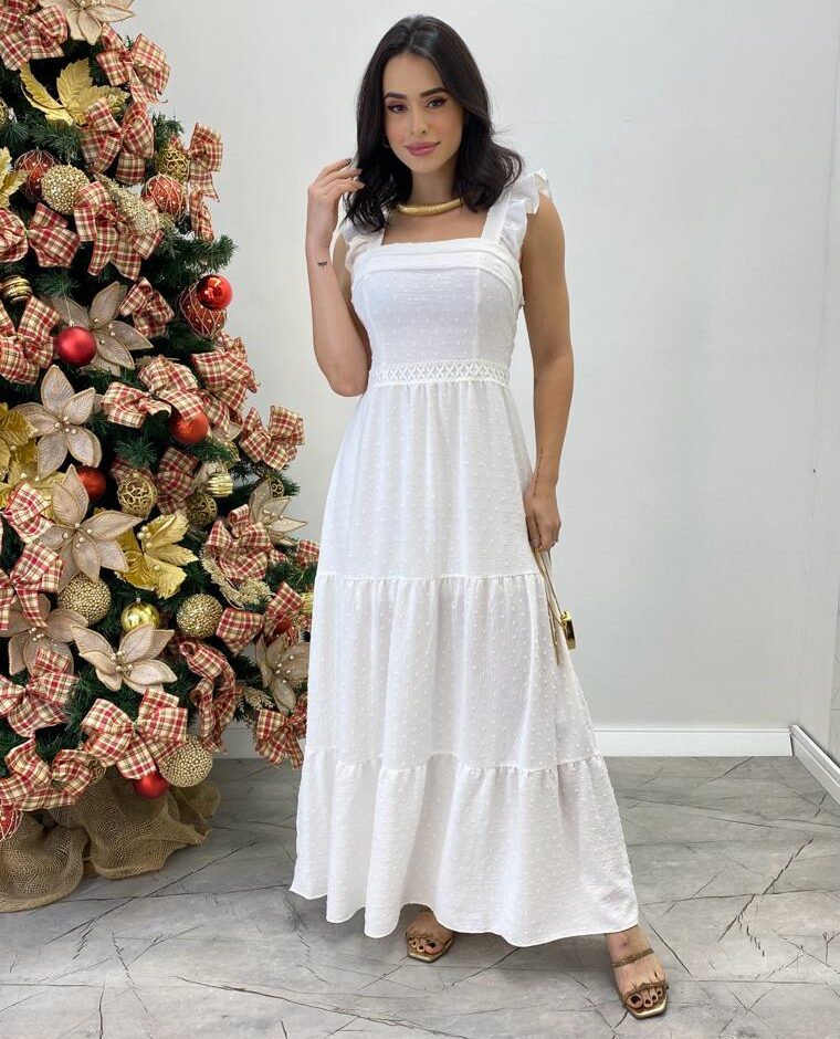 Vestido Longo Antonella com Bojo Pipoquinha Branco - Fernanda Ramos Store