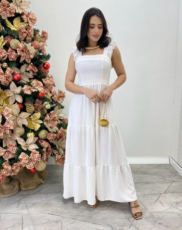 Vestido Longo Antonella com Bojo Pipoquinha Branco - Fernanda Ramos Store