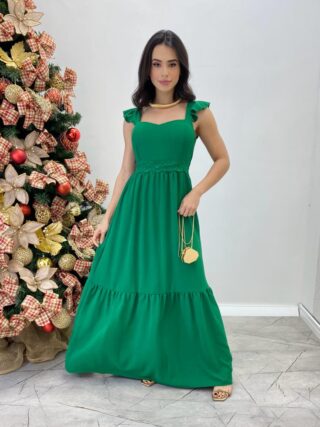 Vestido Longo Bianca Verde com Bojo Detalhe em Guipir - Fernanda Ramos Store