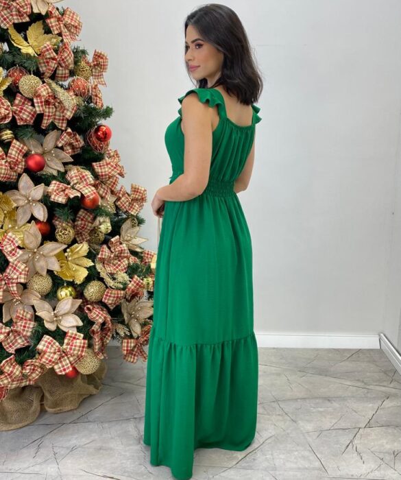 Vestido Longo Bianca Verde com Bojo Detalhe em Guipir - Fernanda Ramos Store