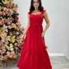 Vestido Longo Bianca Vermelho com Bojo Detalhe em Guipir - Fernanda Ramos Store