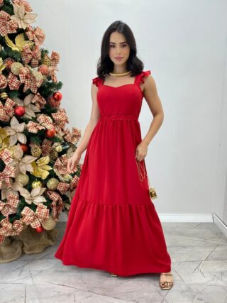 Vestido Longo Bianca Vermelho com Bojo Detalhe em Guipir - Fernanda Ramos Store