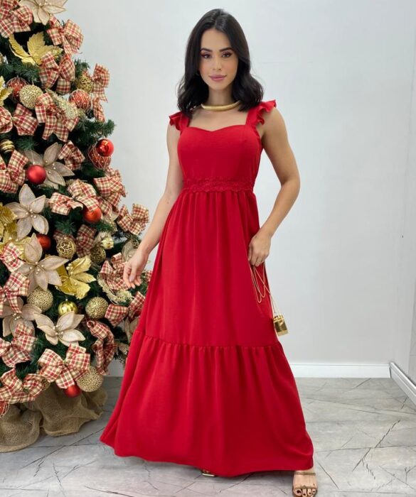 Vestido Longo Bianca Vermelho com Bojo Detalhe em Guipir - Fernanda Ramos Store