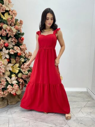 Vestido Longo Bianca Vermelho com Bojo Detalhe em Guipir - Fernanda Ramos Store