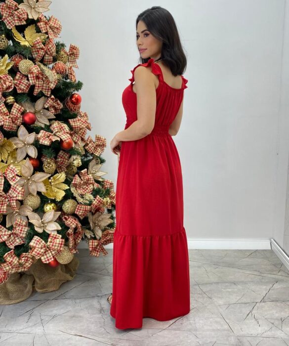 Vestido Longo Bianca Vermelho com Bojo Detalhe em Guipir - Fernanda Ramos Store