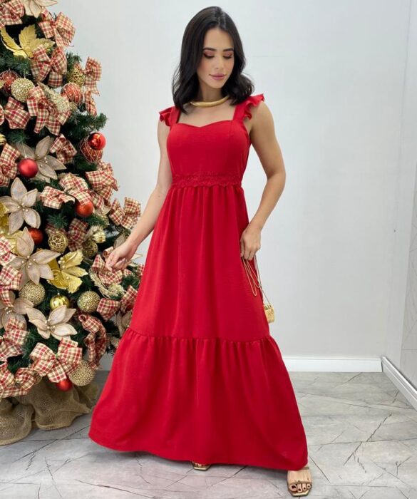 Vestido Longo Bianca Vermelho com Bojo Detalhe em Guipir - Fernanda Ramos Store