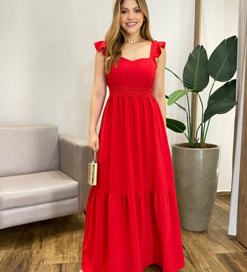 Vestido Longo Bianca Vermelho com Bojo Detalhe em Guipir - Fernanda Ramos Store