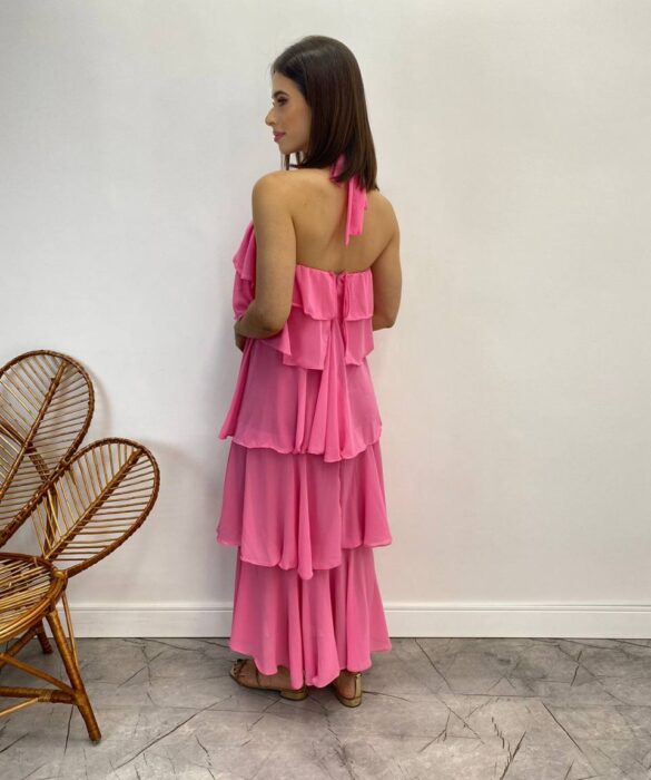 Vestido Longo Feminino Frente Única Rosa - Fernanda Ramos Store