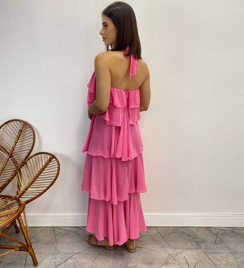 Vestido Longo Feminino Frente Única Rosa - Fernanda Ramos Store