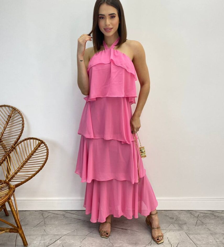 Vestido Longo Feminino Frente Única Rosa - Fernanda Ramos Store
