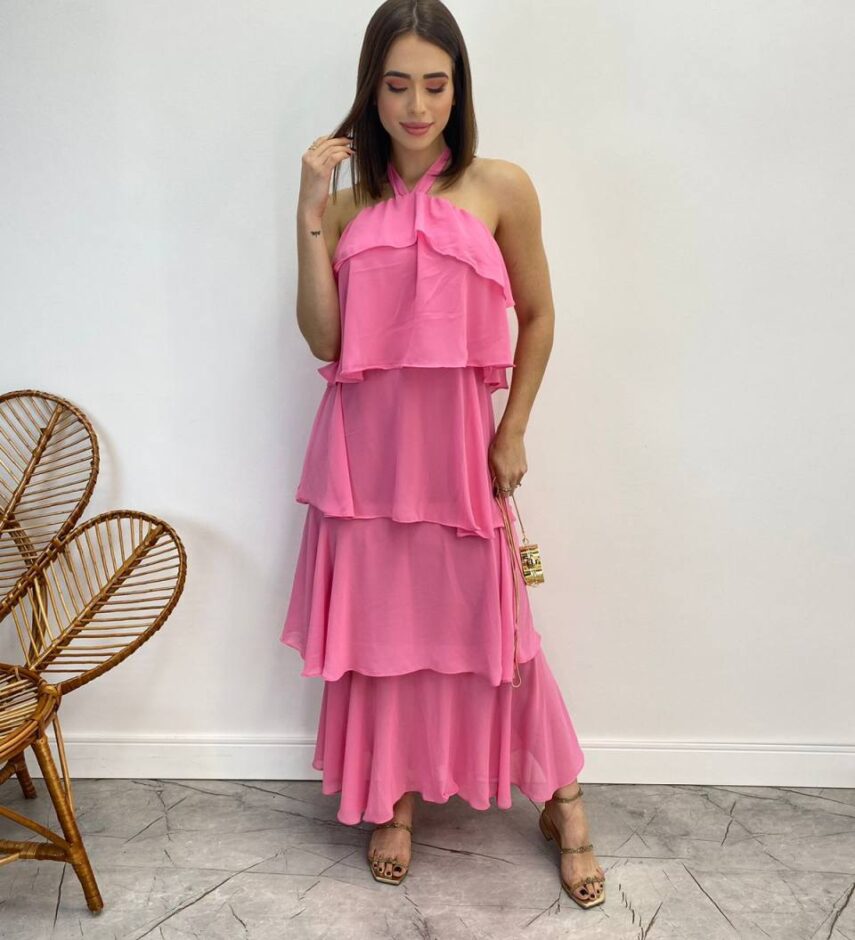 Vestido Longo Feminino Frente Única Rosa - Fernanda Ramos Store