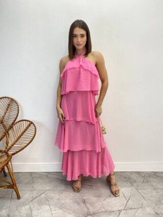 Vestido Longo Feminino Frente Única Rosa - Fernanda Ramos Store