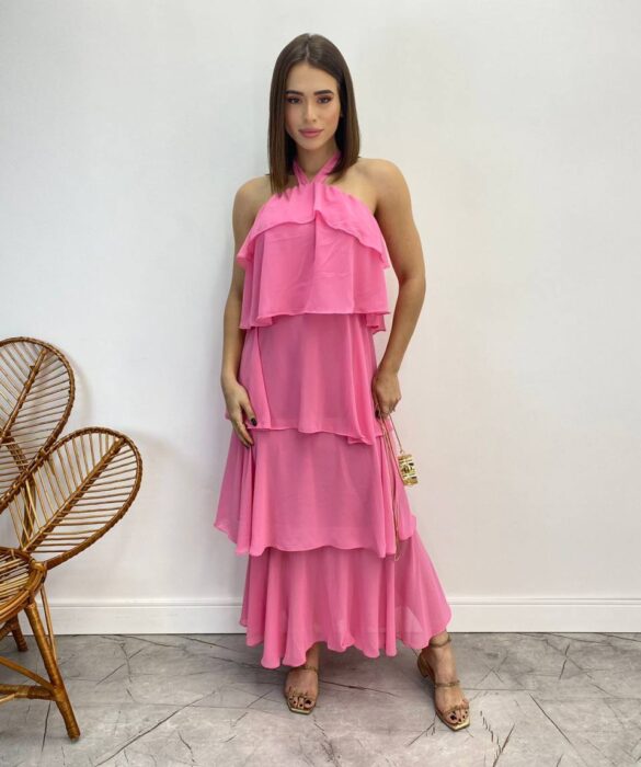 Vestido Longo Feminino Frente Única Rosa - Fernanda Ramos Store