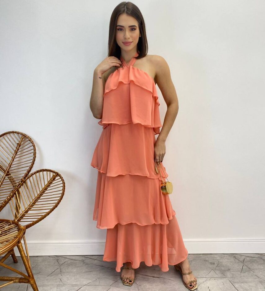 Vestido Longo Feminino Frente Única Salmão - Fernanda Ramos Store