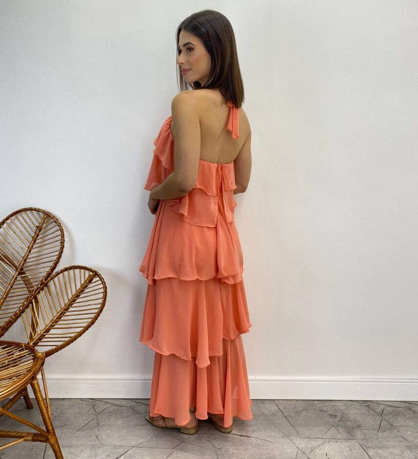 Vestido Longo Feminino Frente Única Salmão - Fernanda Ramos Store