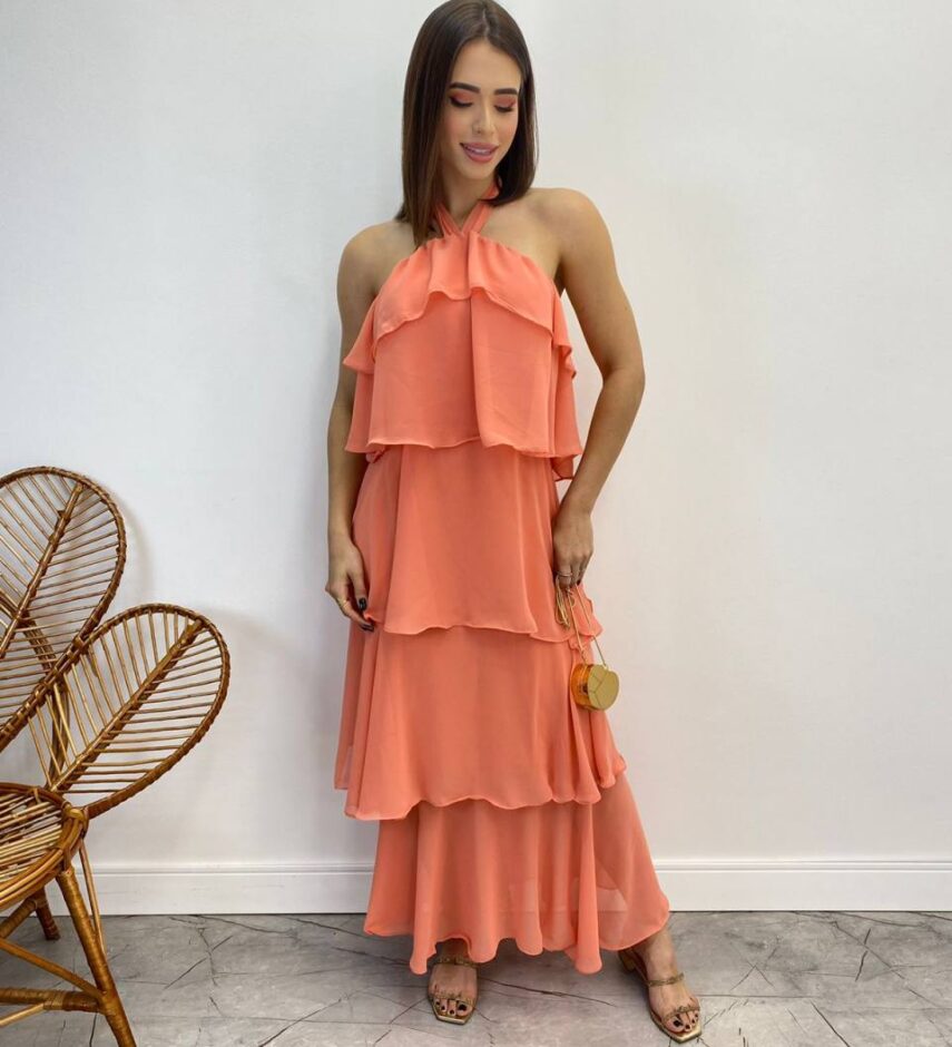 Vestido Longo Feminino Frente Única Salmão - Fernanda Ramos Store