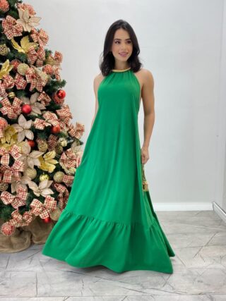 Vestido Longo Frente Única Verde com Bojo e Amarração no Pescoço - Fernanda Ramos Store