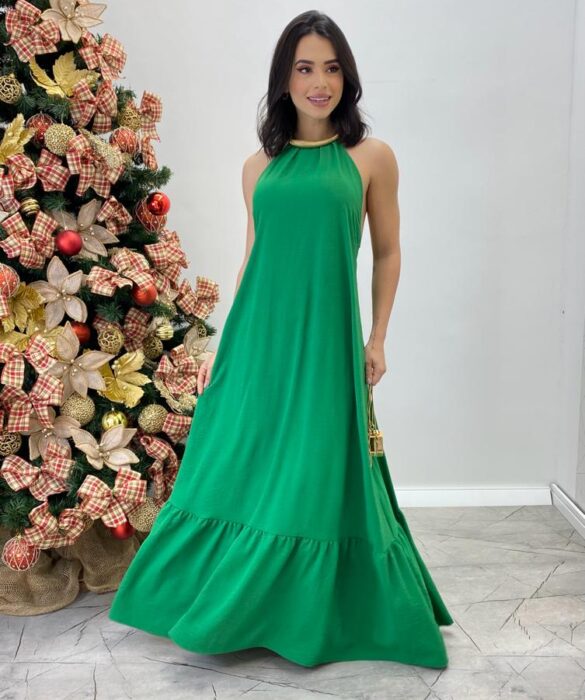 Vestido Longo Frente Única Verde com Bojo e Amarração no Pescoço - Fernanda Ramos Store