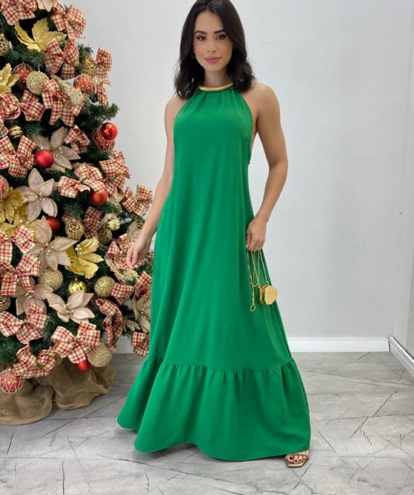 Vestido Longo Frente Única Verde com Bojo e Amarração no Pescoço - Fernanda Ramos Store