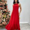 Vestido Longo Frente Única Vermelho com Bojo e Amarração no Pescoço - Fernanda Ramos Store