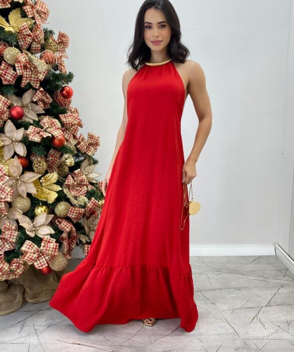 Vestido Longo Frente Única Vermelho com Bojo e Amarração no Pescoço - Fernanda Ramos Store