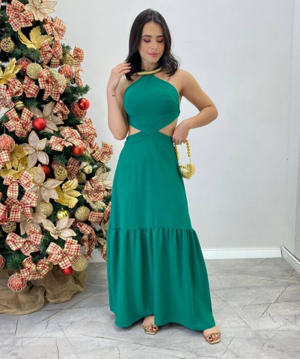 Vestido Longo Júlia Verde com Bojo e Amarração - Fernanda Ramos Store