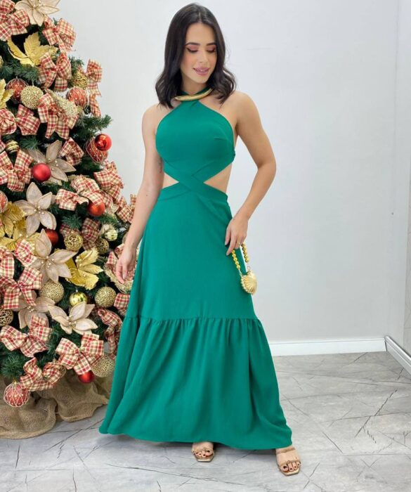 Vestido Longo Júlia Verde com Bojo e Amarração - Fernanda Ramos Store