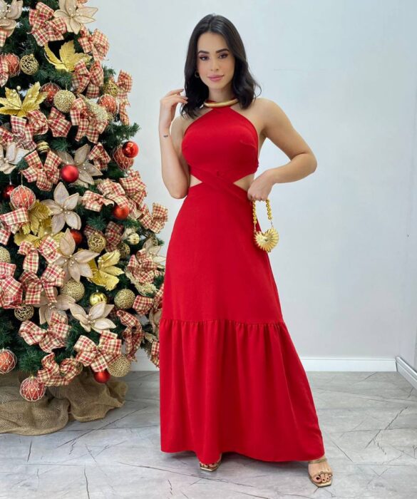 Vestido Longo Júlia Vermelho com Bojo e Amarração - Fernanda Ramos Store