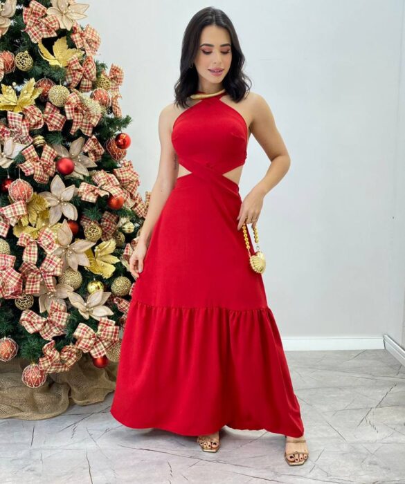 Vestido Longo Júlia Vermelho com Bojo e Amarração - Fernanda Ramos Store