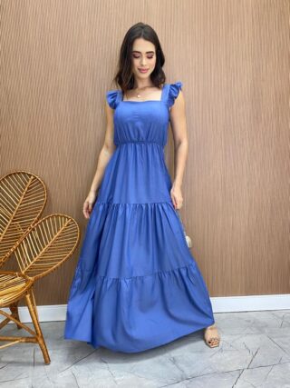 Vestido Longo Leticia com Bojo e Babado nas Alças Azul - Fernanda Ramos Store