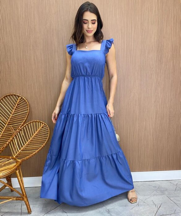 Vestido Longo Leticia com Bojo e Babado nas Alças Azul - Fernanda Ramos Store