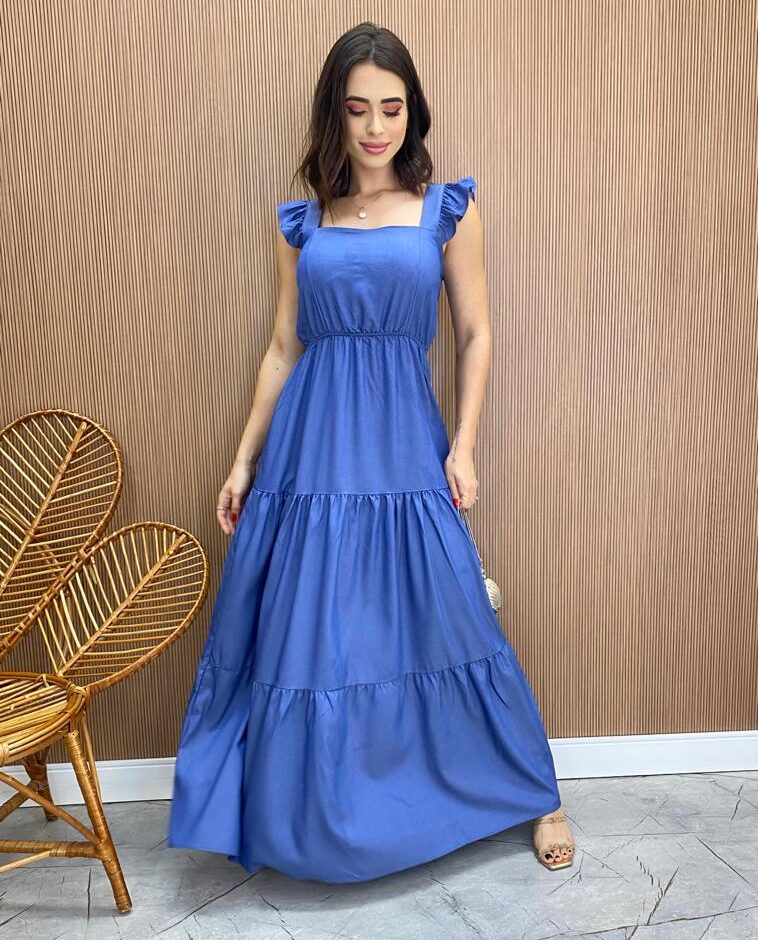 Vestido Longo Leticia com Bojo e Babado nas Alças Azul - Fernanda Ramos Store