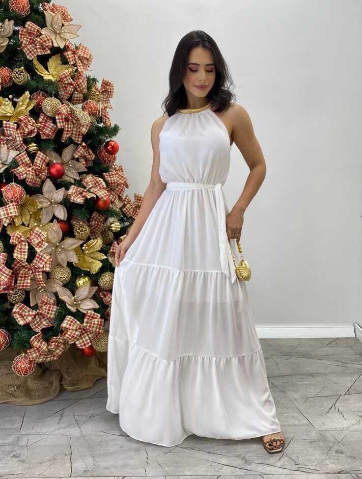 Vestido Longo Luana Branco sem Bojo e Amarração - Fernanda Ramos Store