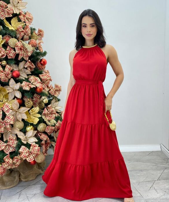 Vestido Longo Luana Vermelho sem Bojo e Amarração Fernanda Ramos Store