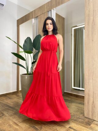 Vestido Longo Luana Vermelho com Bojo e Amarração - Fernanda Ramos Store