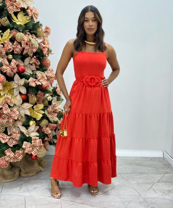 Vestido Longo Maitê com Bojo e Amarração Vermelho - Fernanda Ramos Store